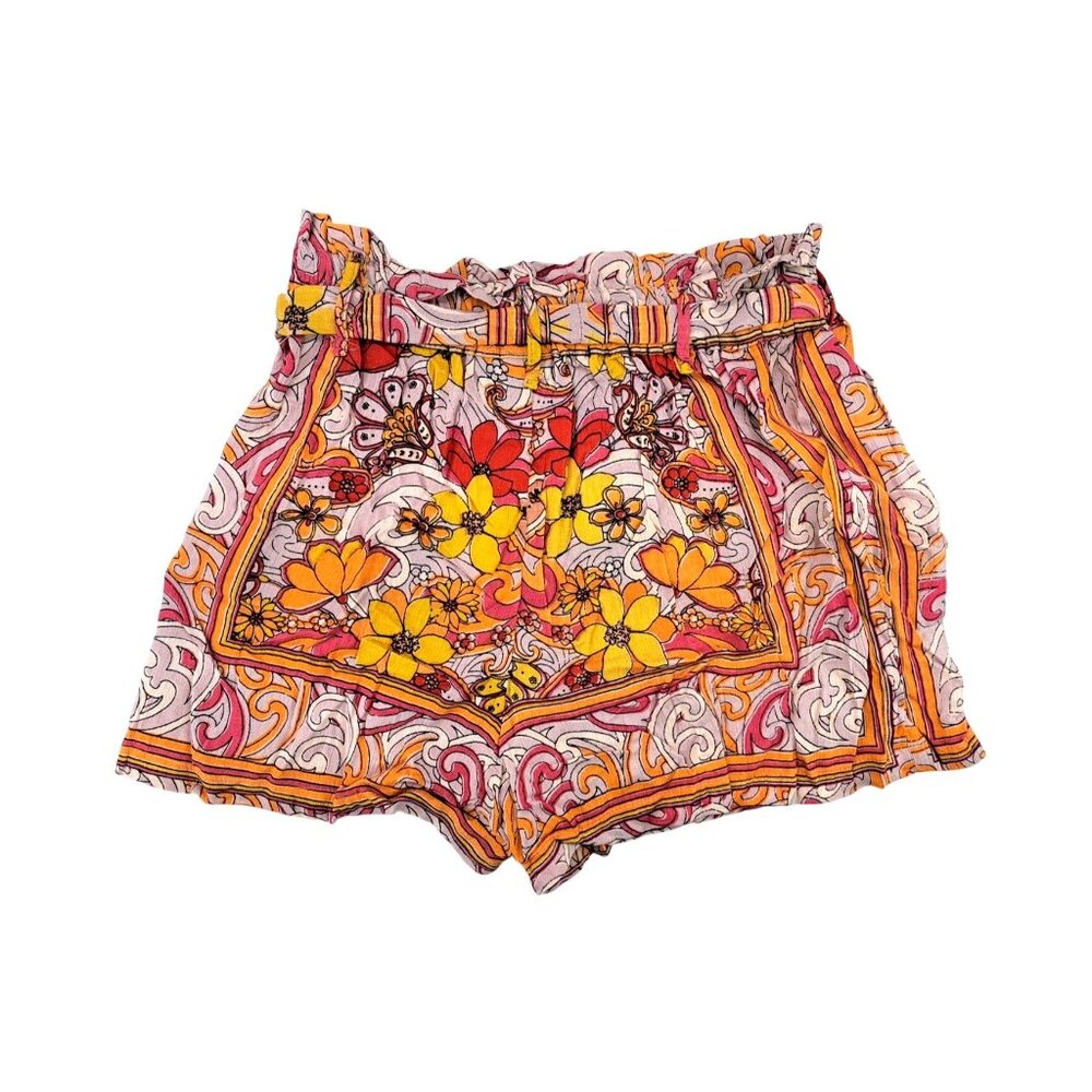 Angie Paper Bag Shorts Pink Yellow Women Small Retro Tie Belt Flower Power New - Picture 2 of 5